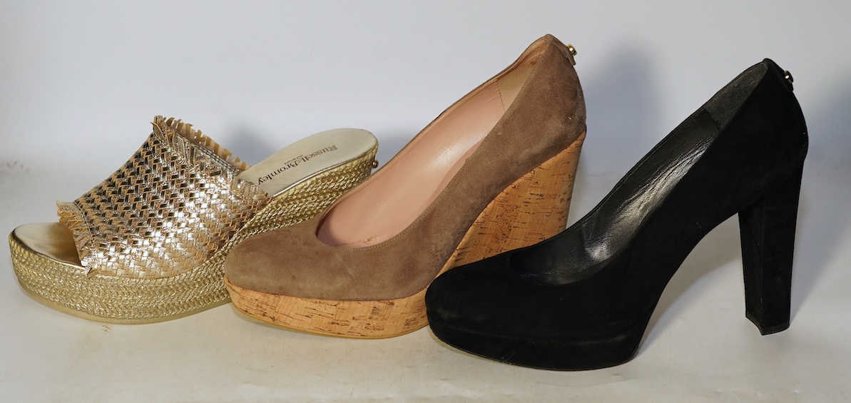 A pair of Russell & Bromley gold metallic weave wedge mules, a pair of Stuart Weitzman for Russell & Bromley nude suede wedge pumps and a pair of Stuart Weitzman for Russell & Bromley black suede platform pumps (with box